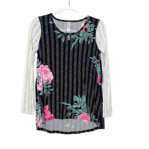 LULAROE Floral Stripe Long Sleeve Top Scoop Neck Lightweight Black White Size S